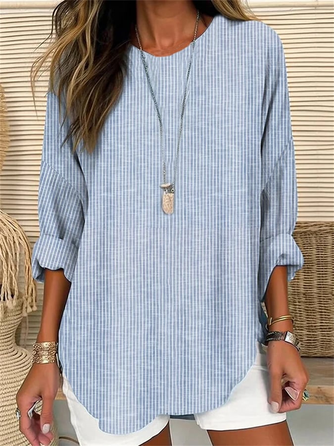 LP | Camicia da donna a righe retrò a maniche lunghe con scollo rotondo