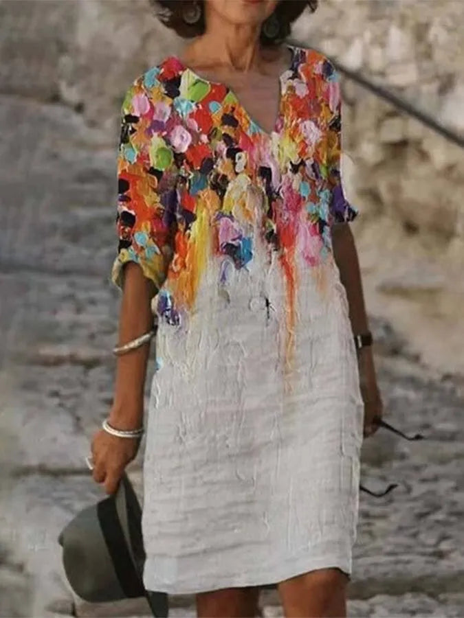 LP | Abito da donna in cotone e lino con scollatura e stampa di pittura ad olio