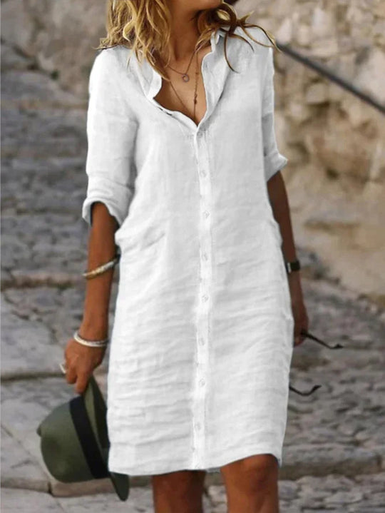 LP | Miriam - Abiti in cotone monocolore con risvolto e bottoni e mezze maniche