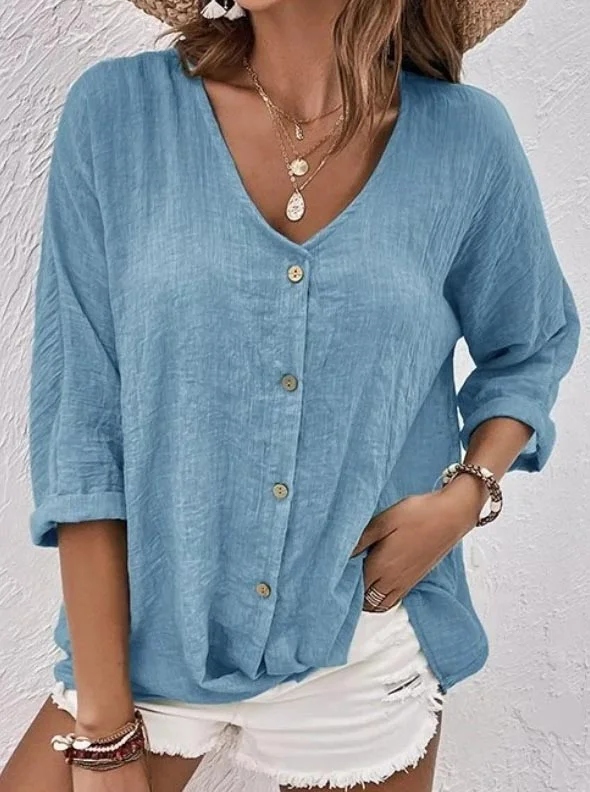 LP | Tania - Comodo top a maniche lunghe in cotone e lino con abbottonatura e scollo a V