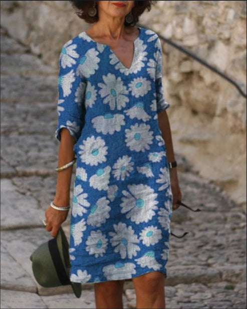 LP | Abito midi vintage con scollo a V e mezze maniche