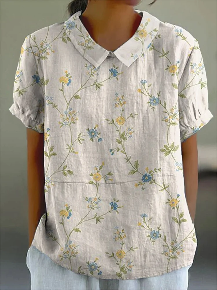 LP | Julia - Camicia casual da donna in cotone e lino con piccola fantasia floreale blu e gialla