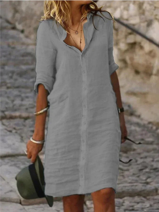 LP | Miriam - Abiti in cotone monocolore con risvolto e bottoni e mezze maniche
