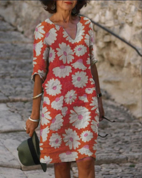 LP | Abito midi vintage con scollo a V e mezze maniche