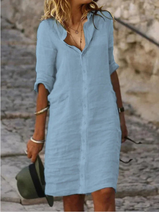 LP | Miriam - Abiti in cotone monocolore con risvolto e bottoni e mezze maniche