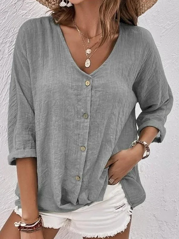 LP | Tania - Comodo top a maniche lunghe in cotone e lino con abbottonatura e scollo a V