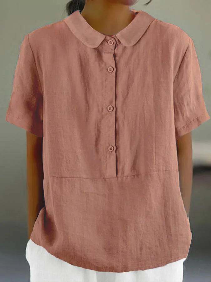 LP | Santorini - Camicia casual da donna monocolore con scollo rotondo e bottoni.