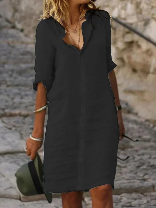 LP | Miriam - Abiti in cotone monocolore con risvolto e bottoni e mezze maniche