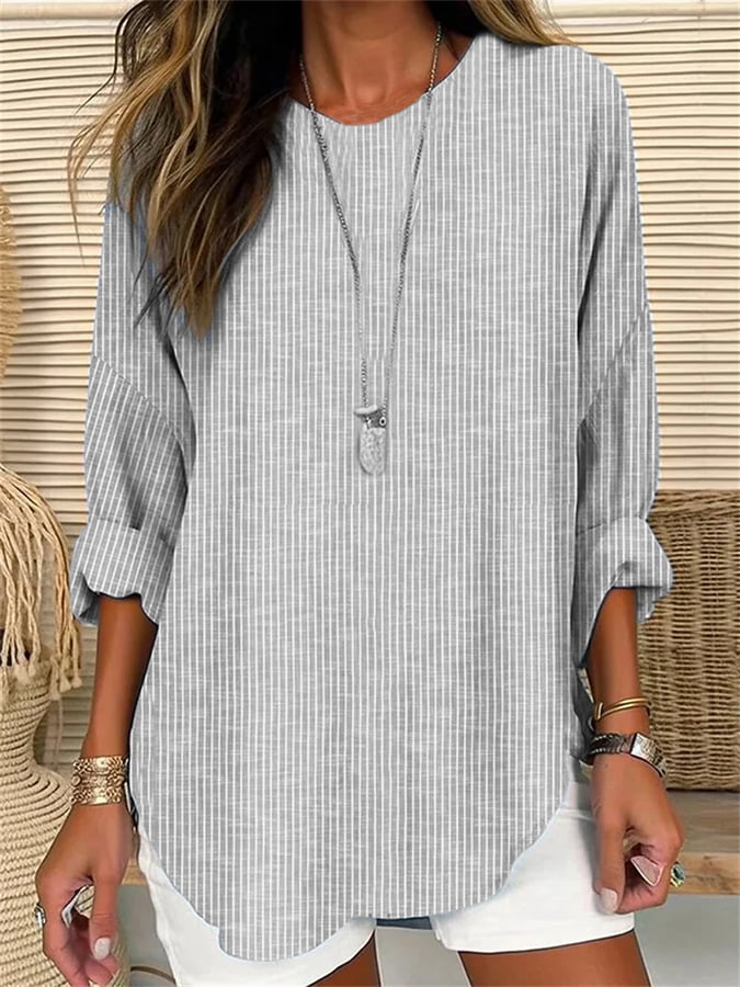 LP | Camicia da donna a righe retrò a maniche lunghe con scollo rotondo