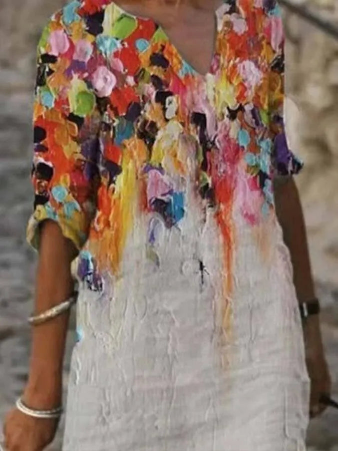 LP | Abito da donna in cotone e lino con scollatura e stampa di pittura ad olio