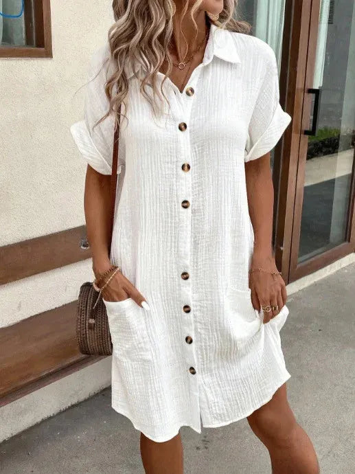 LP | Donna cotone lino camicia abito risvolto manica corta abito monopetto