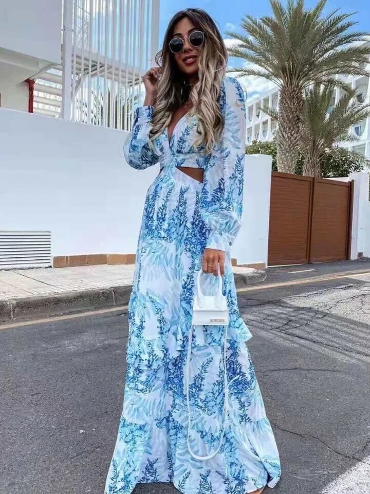 LP | Elegante abito a maniche lunghe con scollo a V stampato