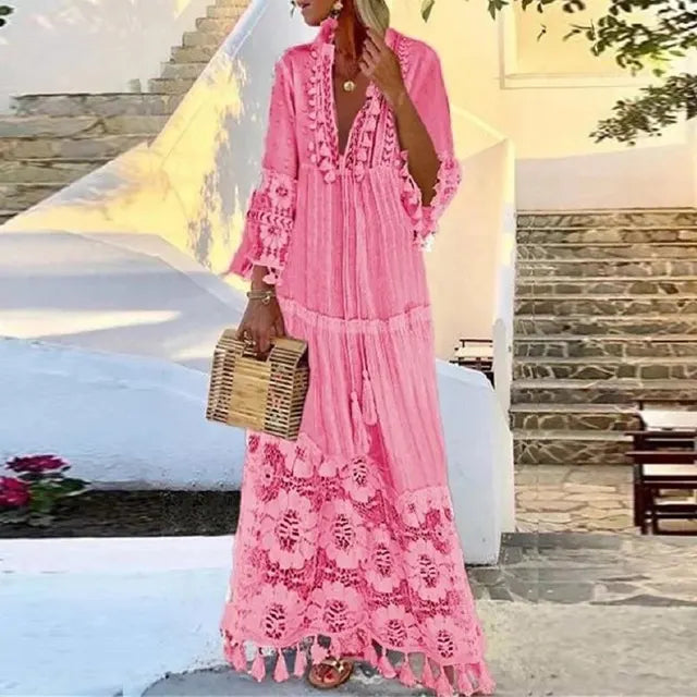 LP | Abito lungo boho con pizzo e pompon