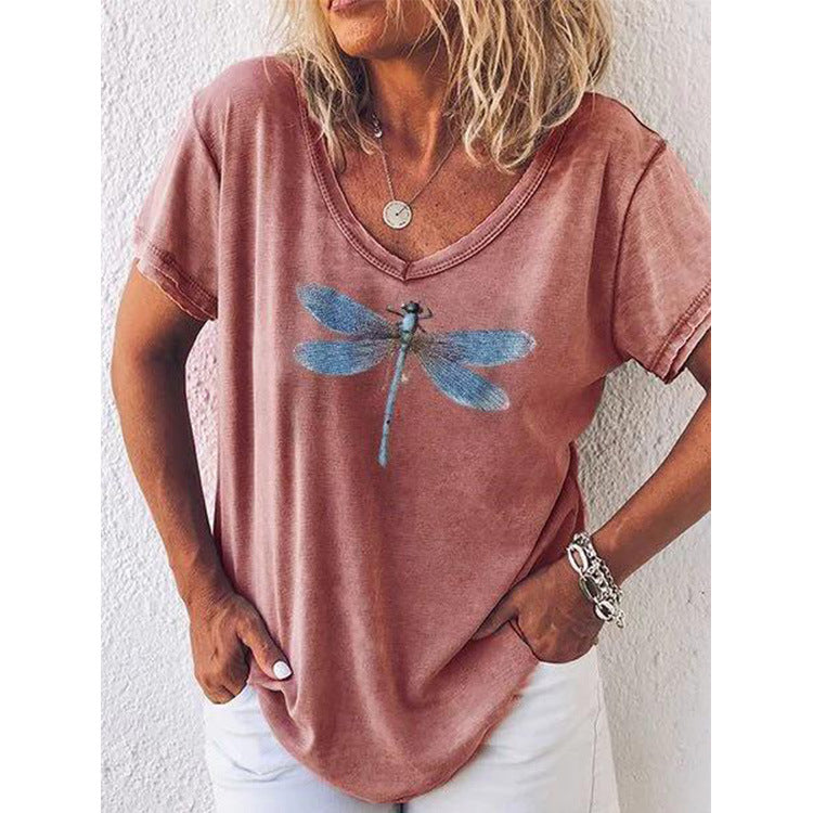 LP | T-shirt casual con scollo a V e maniche corte con motivo a libellula
