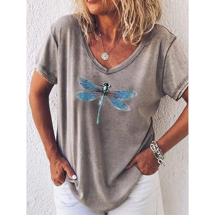 LP | T-shirt casual con scollo a V e maniche corte con motivo a libellula