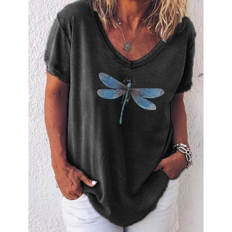 LP | T-shirt casual con scollo a V e maniche corte con motivo a libellula