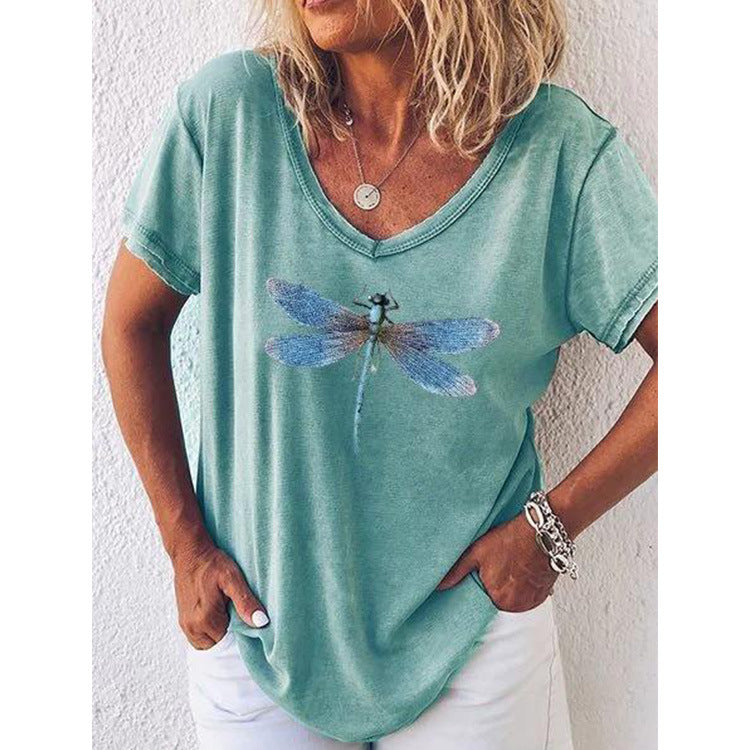 LP | T-shirt casual con scollo a V e maniche corte con motivo a libellula