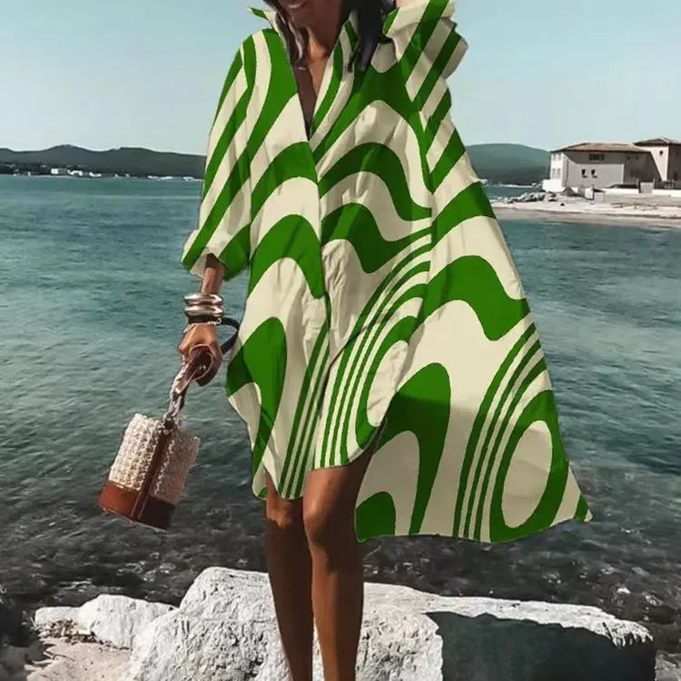 LP | Vestito d'autunno 2024 Nuova moda per il tempo libero Grace stampato risvolto manica lunga Partito allentato spiaggia donne camicia abiti MsChuh