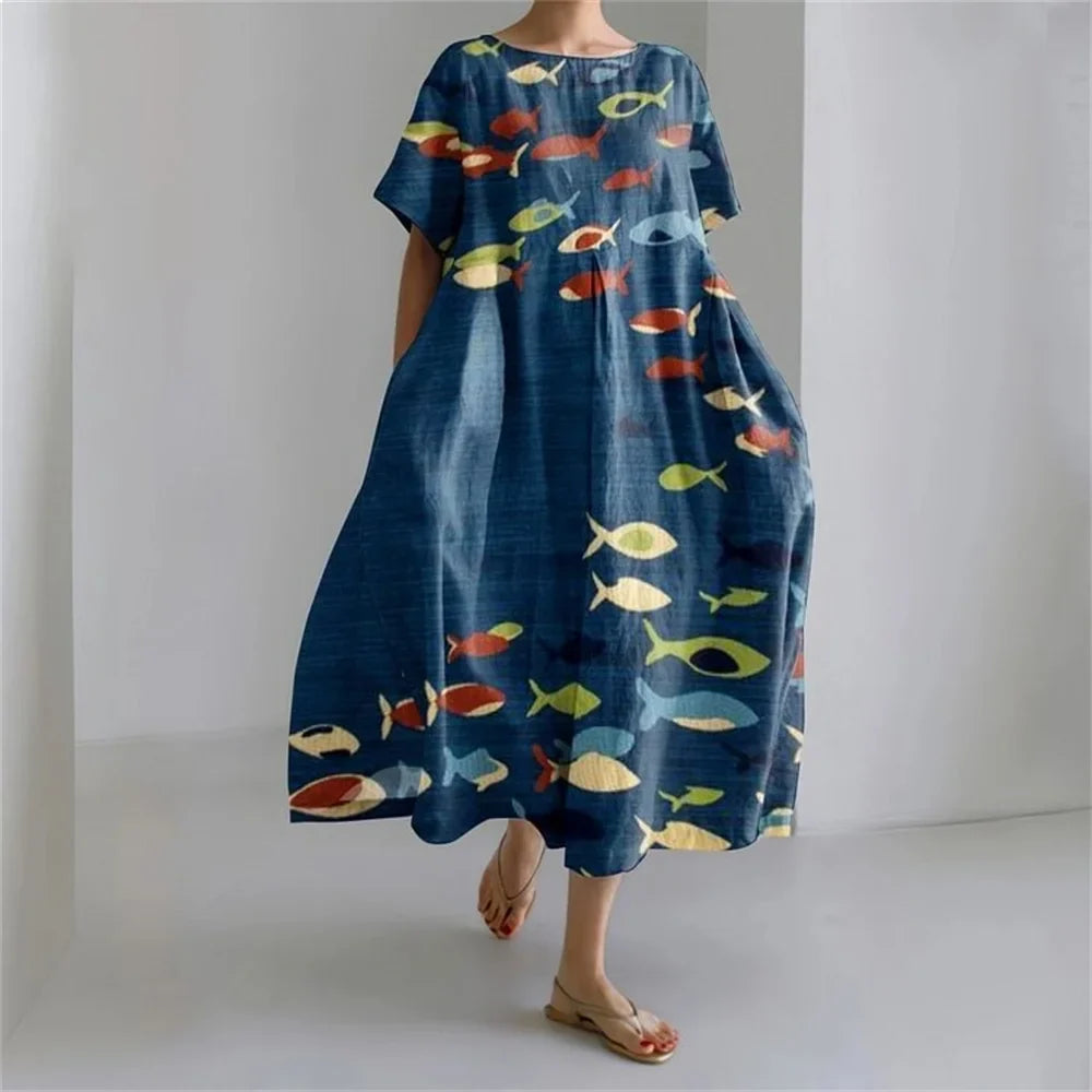 LP | Vestito estivo allentato di taglia superiore con tasca e scollo a O Maxi abito estivo elegante