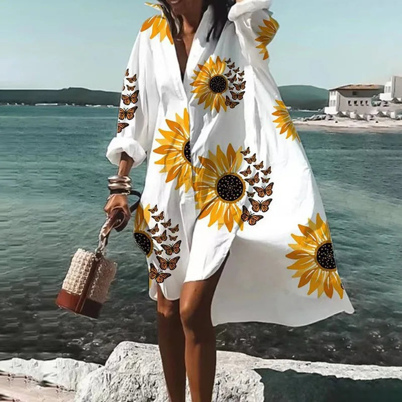LP | Vestito d'autunno 2024 Nuova moda per il tempo libero Grace stampato risvolto manica lunga Partito allentato spiaggia donne camicia abiti MsChuh