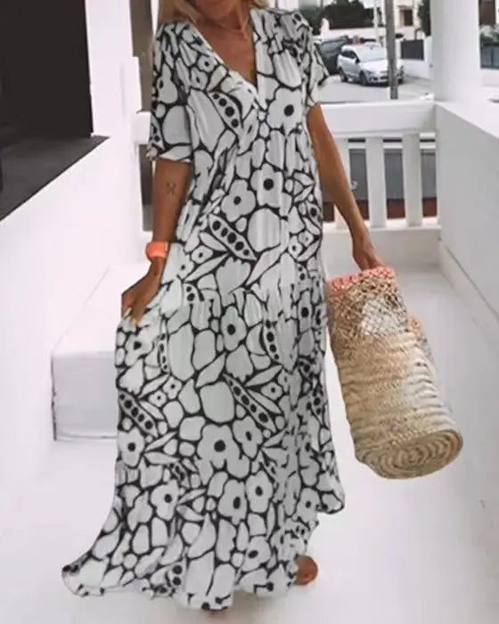 LP | 2024 AliExpress Donne europee e americane con bordo incrociato Estate Nuova Moda Stampata Manica Corta Profonda Scollo a V Abito Lungo