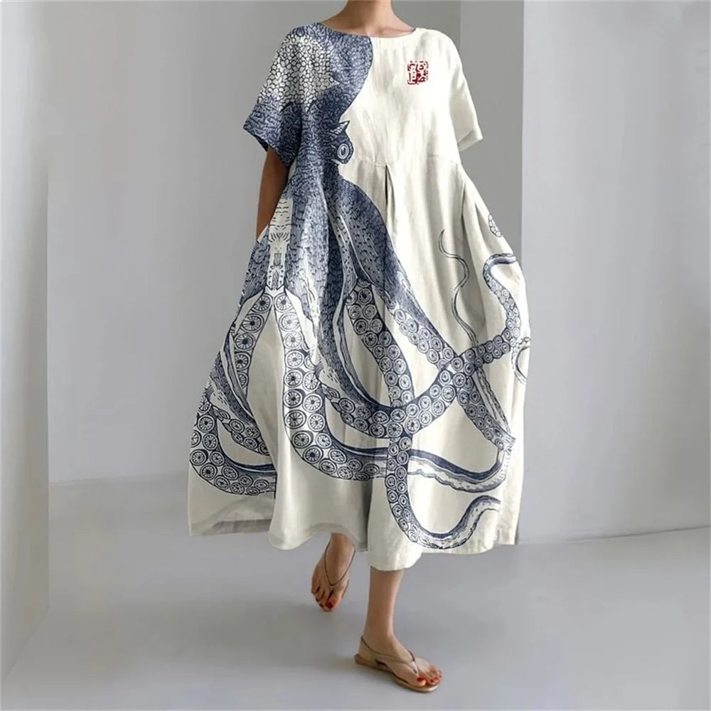 LP | Vestito estivo allentato di taglia superiore con tasca e scollo a O Maxi abito estivo elegante