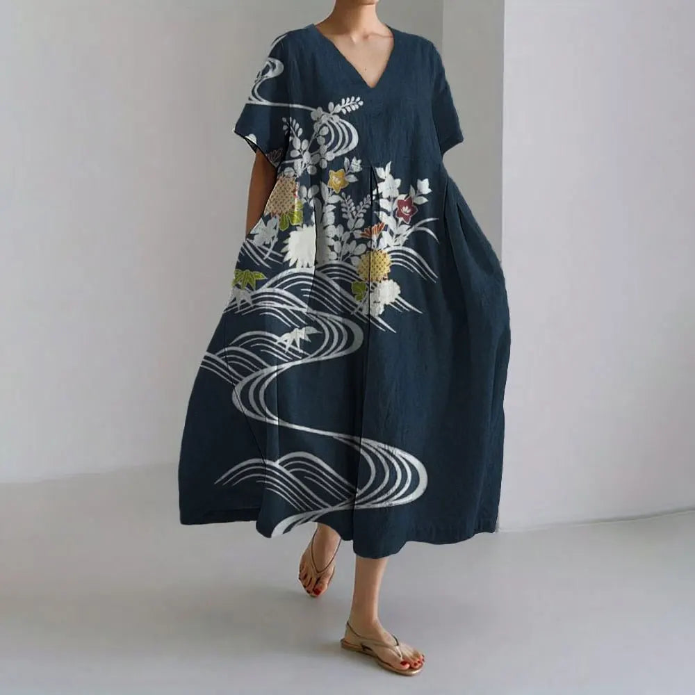 LP | Vestito estivo allentato di taglia superiore con tasca e scollo a O Maxi abito estivo elegante