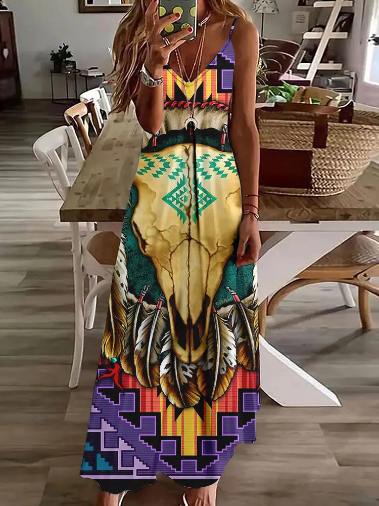 LP | 2024 Nuovo 3D Gufo Stampa Vintage Gilet senza maniche Lungo Donne Modello Tribale Spaghetti Strap Vestito Estate Lungo Gilet Allentato Abiti