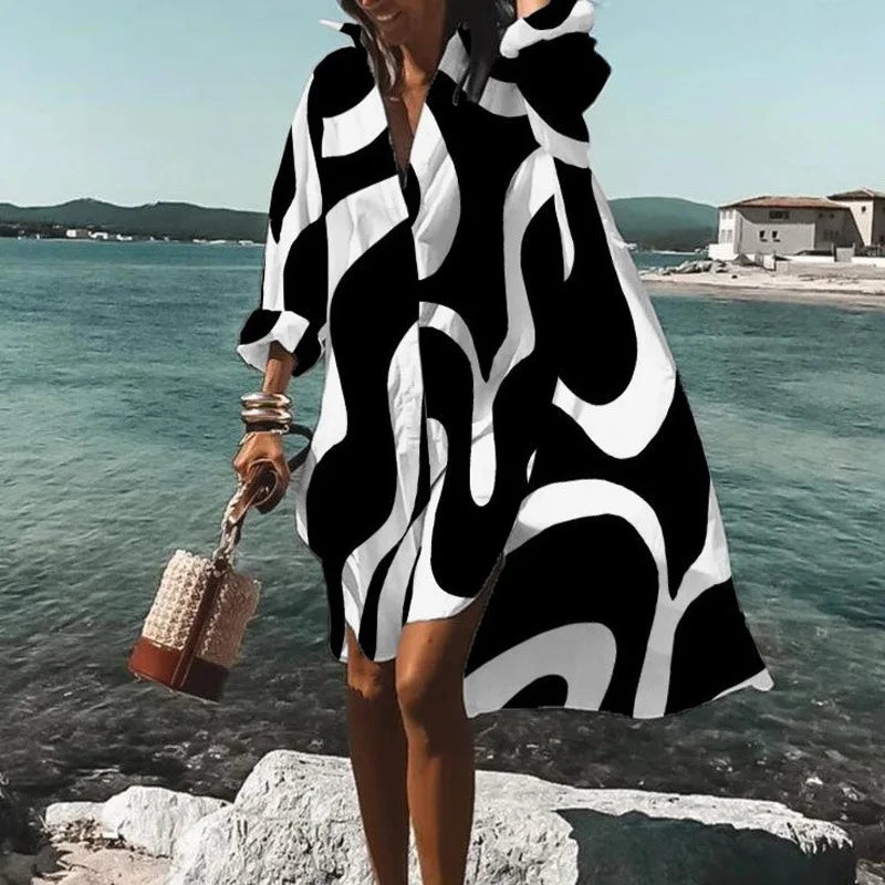 LP | Vestito d'autunno 2024 Nuova moda per il tempo libero Grace stampato risvolto manica lunga Partito allentato spiaggia donne camicia abiti MsChuh