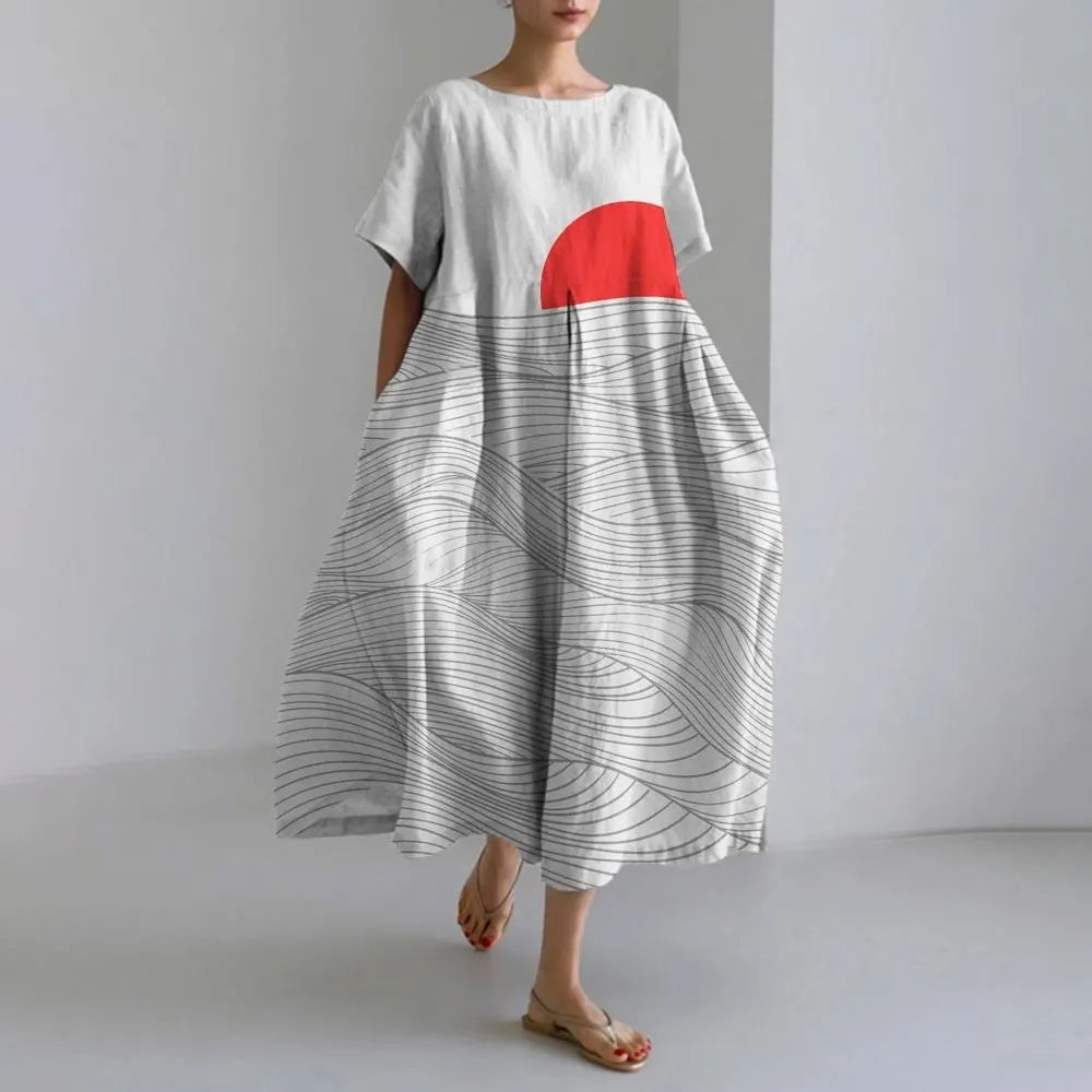 LP | Vestito estivo allentato di taglia superiore con tasca e scollo a O Maxi abito estivo elegante