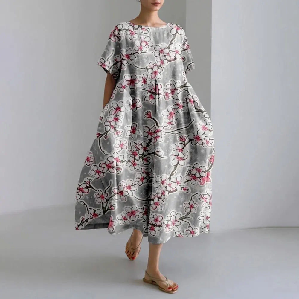 LP | Vestito estivo allentato di taglia superiore con tasca e scollo a O Maxi abito estivo elegante
