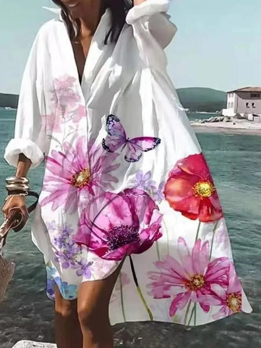 LP | Vestito d'autunno 2024 Nuova moda per il tempo libero Grace stampato risvolto manica lunga Partito allentato spiaggia donne camicia abiti MsChuh