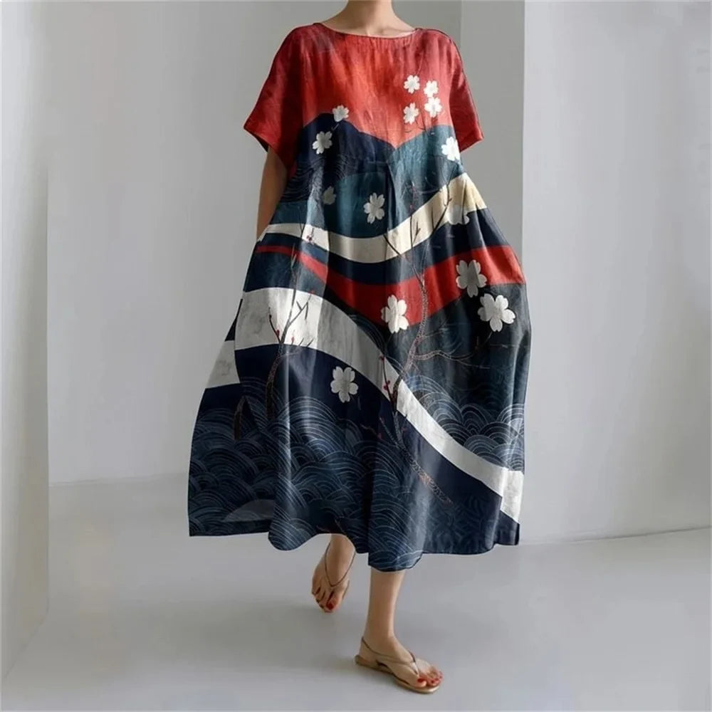LP | Vestito estivo allentato di taglia superiore con tasca e scollo a O Maxi abito estivo elegante