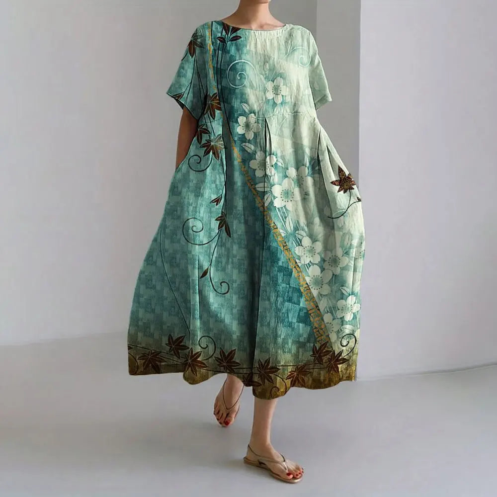 LP | Vestito estivo allentato di taglia superiore con tasca e scollo a O Maxi abito estivo elegante