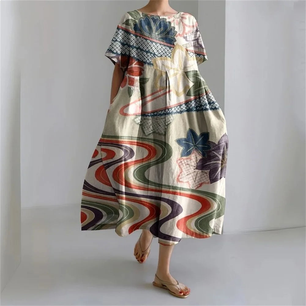 LP | Vestito estivo allentato di taglia superiore con tasca e scollo a O Maxi abito estivo elegante