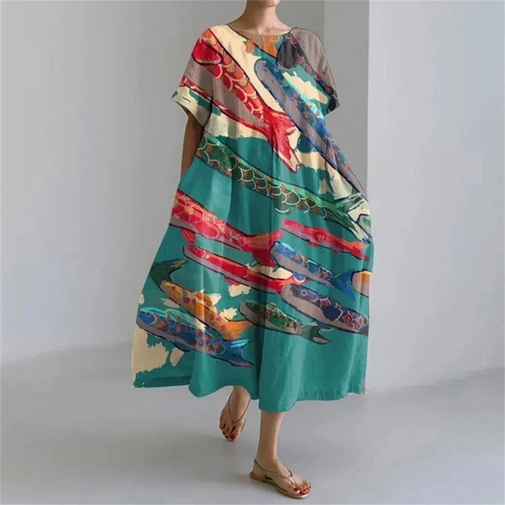 LP | Vestito estivo allentato di taglia superiore con tasca e scollo a O Maxi abito estivo elegante