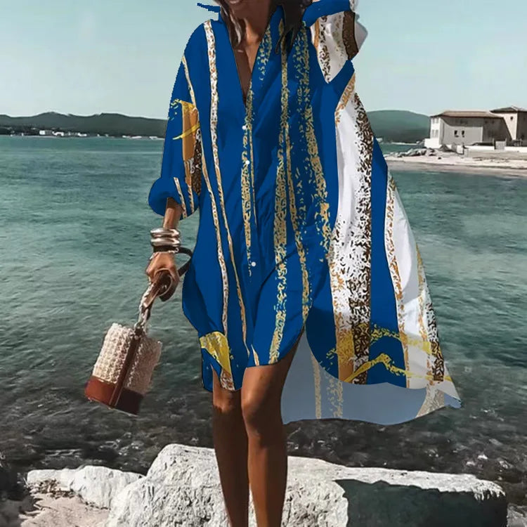 LP | Vestito d'autunno 2024 Nuova moda per il tempo libero Grace stampato risvolto manica lunga Partito allentato spiaggia donne camicia abiti MsChuh