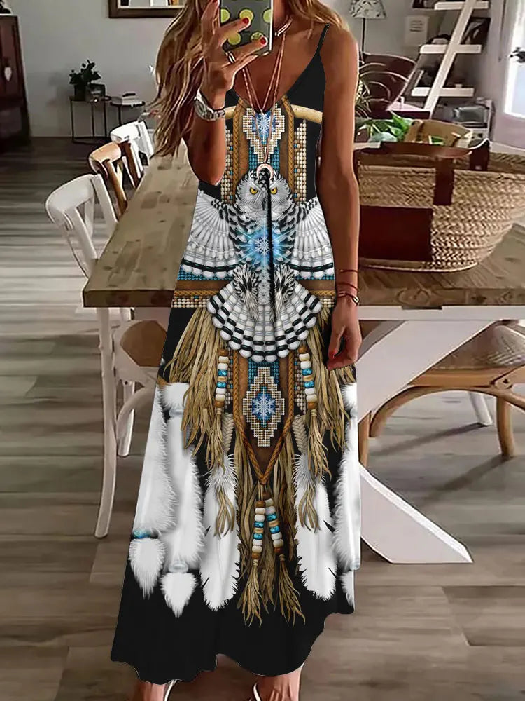 LP | 2024 Nuovo 3D Gufo Stampa Vintage Gilet senza maniche Lungo Donne Modello Tribale Spaghetti Strap Vestito Estate Lungo Gilet Allentato Abiti