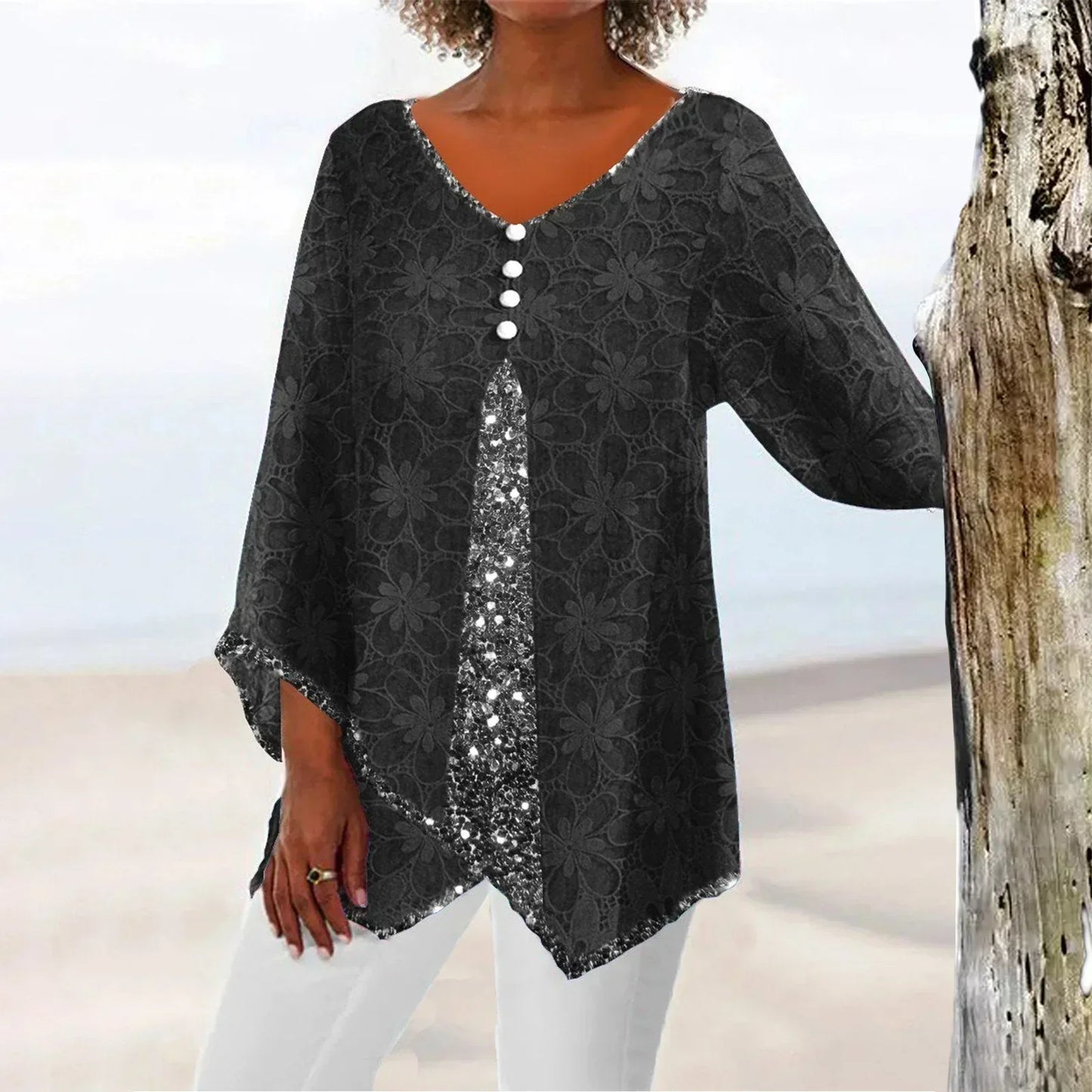 LP | Elegante top vintage oversize con stampa floreale