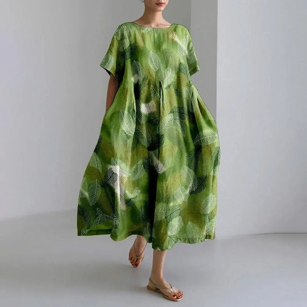 LP | Vestito estivo allentato di taglia superiore con tasca e scollo a O Maxi abito estivo elegante