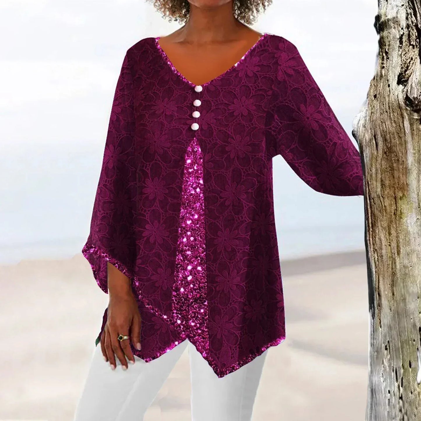 LP | Elegante top vintage oversize con stampa floreale