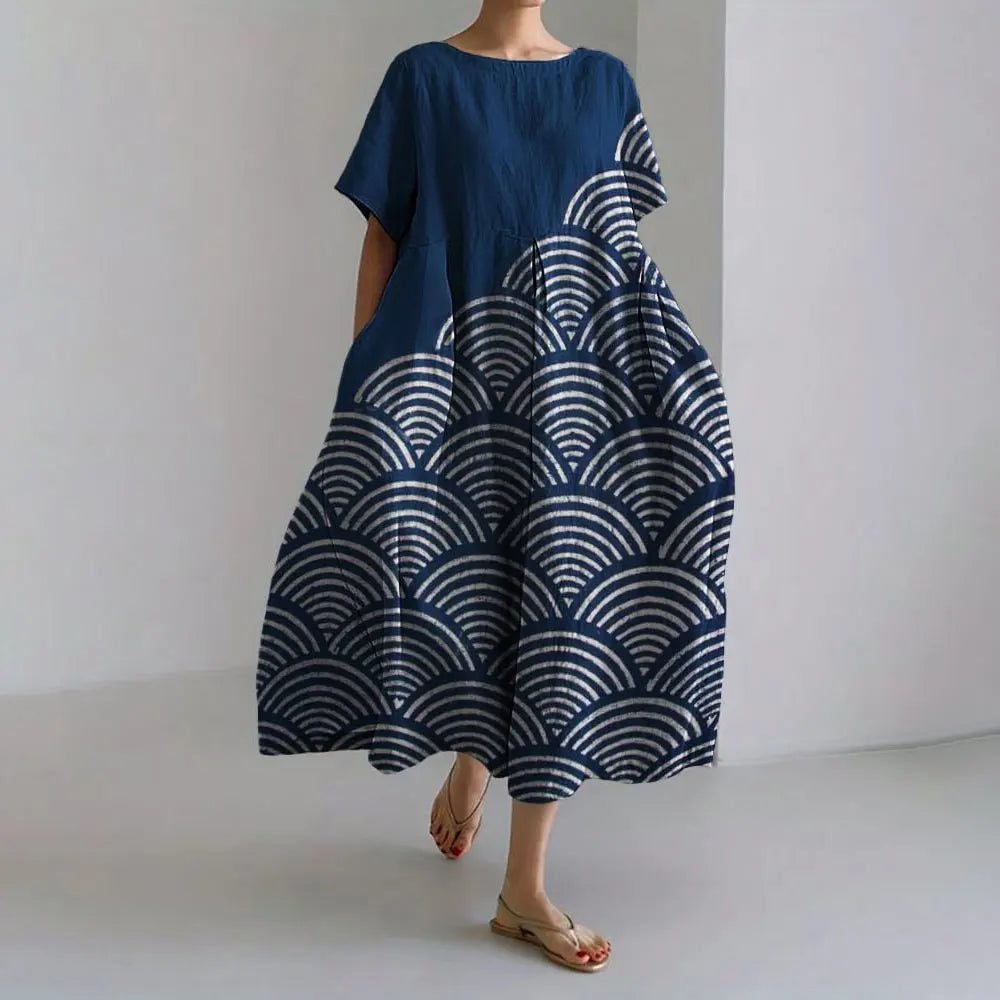LP | Vestito estivo allentato di taglia superiore con tasca e scollo a O Maxi abito estivo elegante