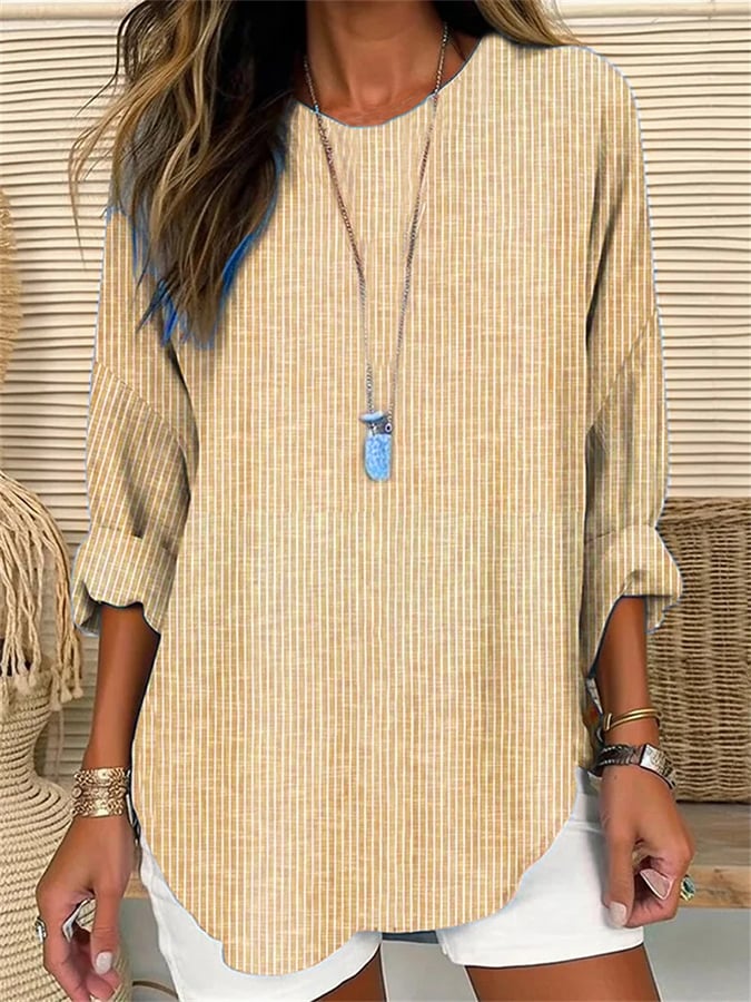 LP | Camicia da donna a righe retrò a maniche lunghe con scollo rotondo