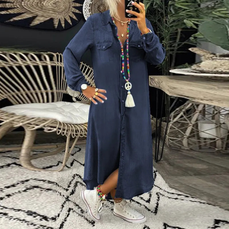 LP | Abito lungo in denim con maniche lunghe e colletto