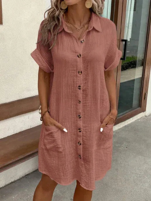 LP | Donna cotone lino camicia abito risvolto manica corta abito monopetto