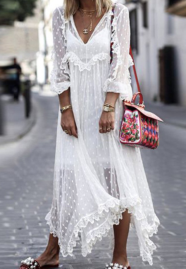 LP | Abito in pizzo con scollo a V e orlo fibrato, casual, elegante, liscio, fibbia