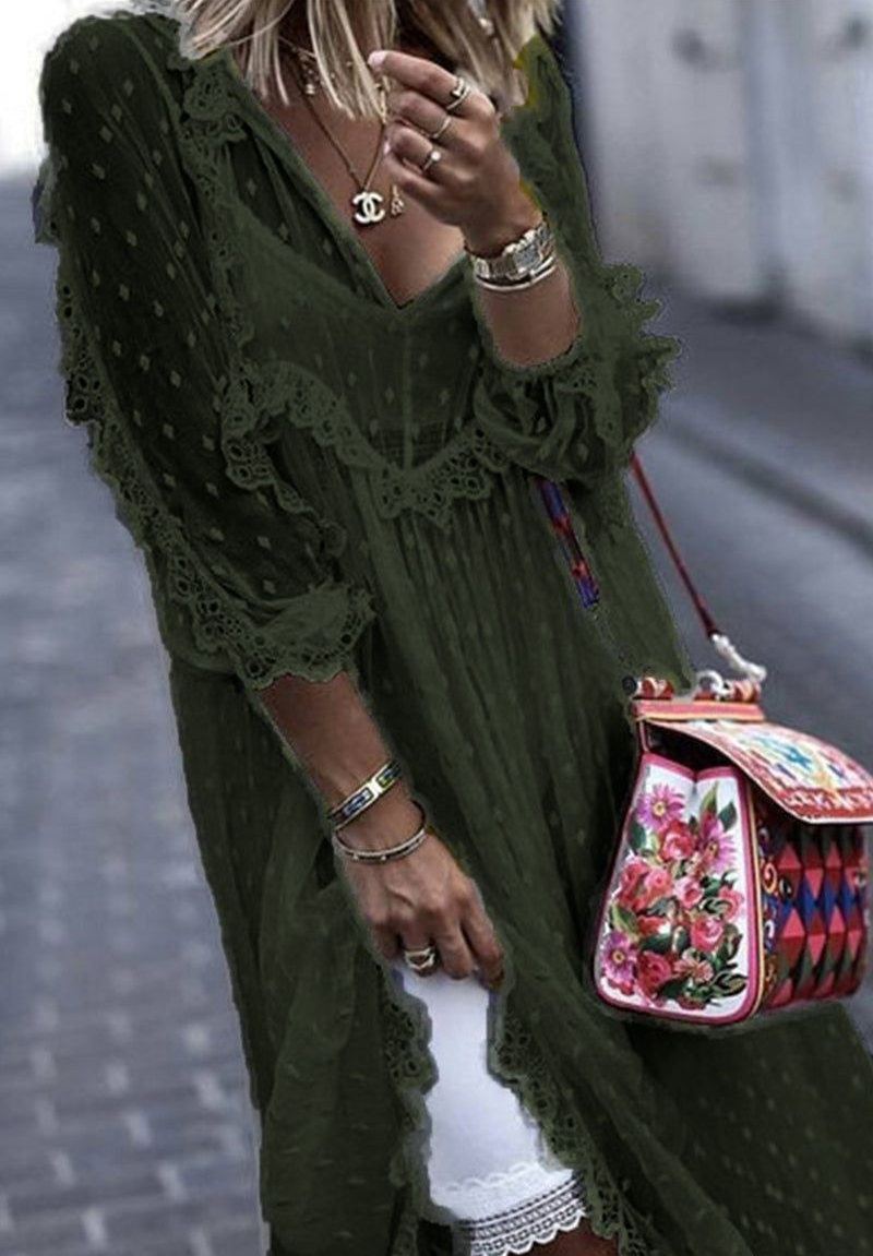 LP | Abito in pizzo con scollo a V e orlo fibrato, casual, elegante, liscio, fibbia