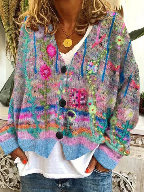 LP | Cardigan floreale in maglia con abbottonatura