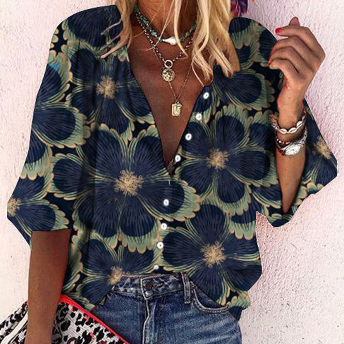 LP | Top blu navy con maniche a 3/4 e stampa floreale