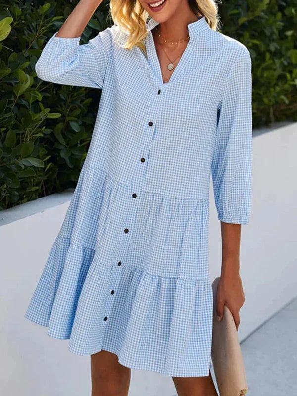 LP | Abito camicia aderente con linea ad A, a quadri, con scollo a listino, collo alto e chiusura con bottoni
